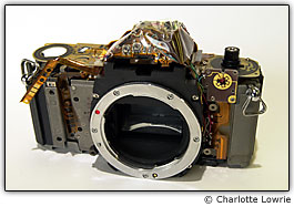 Circuitos flex�veis e componentes eletr�nicos no corpo de uma c�mera